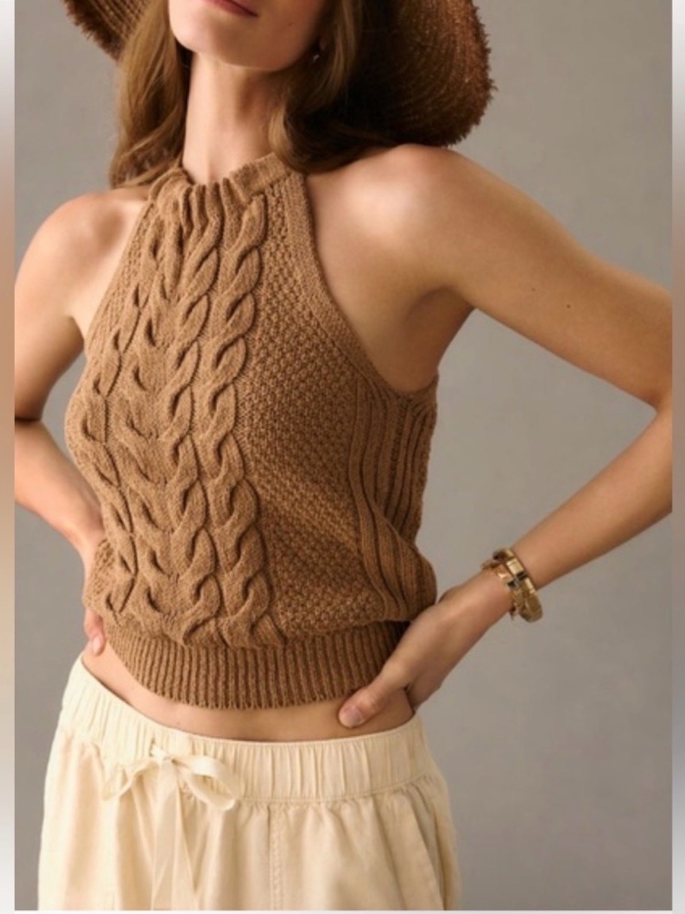 Pilcro x Anthropologie cropped cable-knit sweater tank in Camel size Small